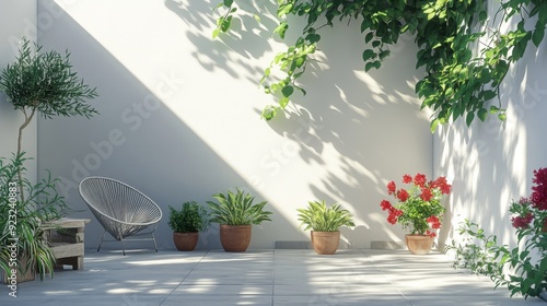 Fototapeta Naklejka Na Ścianę i Meble -  3D rendering of a beautiful garden courtyard with white walls and potted plants.
