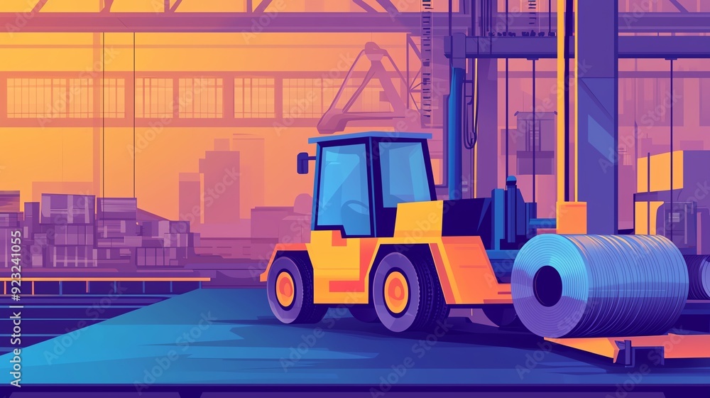 A digital illustration of a forklift in a vibrant industrial setting, showcasing modern warehouse operations at sunset. A digital illustration of a forklift in a vibrant industrial setting, showcasing modern warehouse operations at sunset.