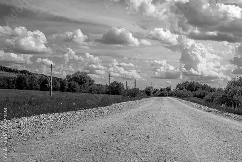 Landscape panorama of green forest and dirt road. Black and white photography. The road is paved. Blue clouds in the sky. Highway through the forest. Natural landscape For travel and trips to nature.