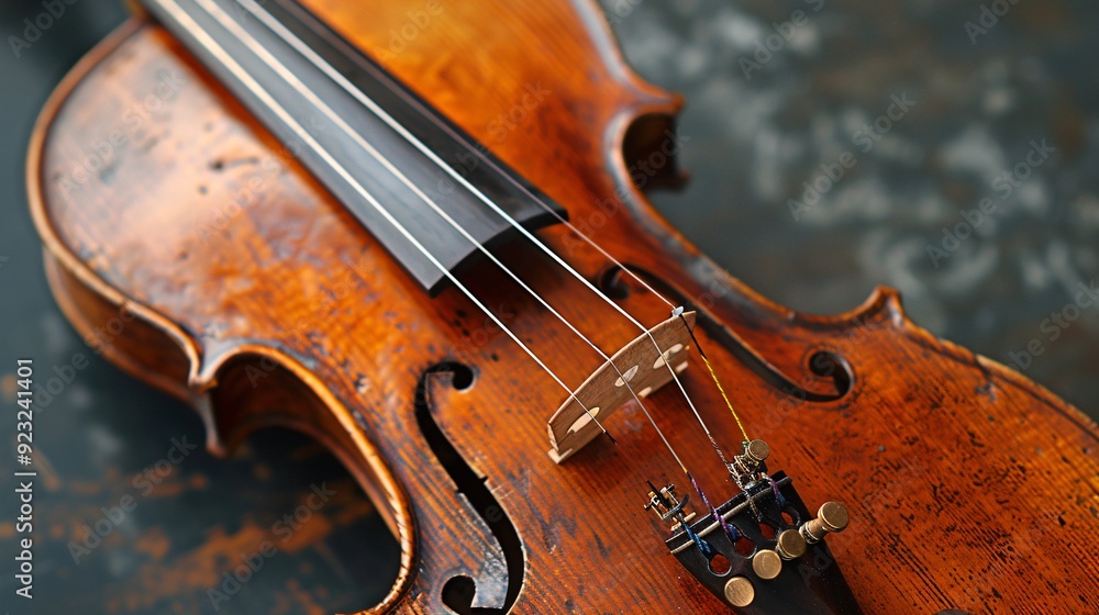 Realistic photo of a violin is strings and bridge, showing fine details and texture Realistic photo of a violin is strings and bridge, showing fine details and texture
