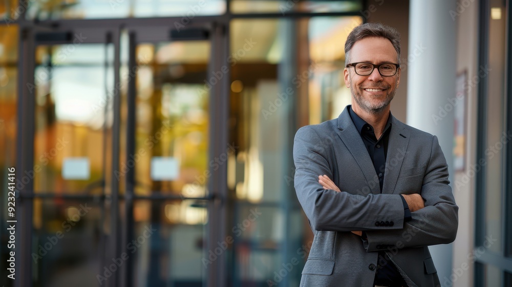 The smiling professional man Description: Confident man in glasses standing outside office entrance with arms crossed. The smiling professional man Description: Confident man in glasses standing outside office entrance with arms crossed.