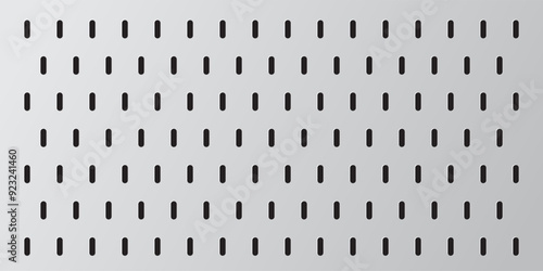 Peg board with oval holes. Rectangle grey gradient peg board perforated texture background for working bench tools. 