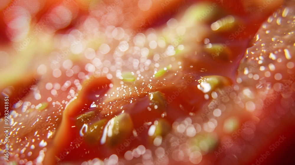 Detailed close up of a tomato slice with seeds and pulp clearly visible, ultra-clear Detailed close up of a tomato slice with seeds and pulp clearly visible, ultra-clear