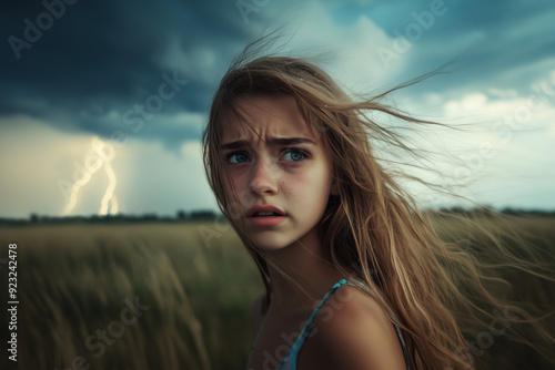 Teenage girl scared of thunder lightning and thunder strike, copy space on cloudy sky