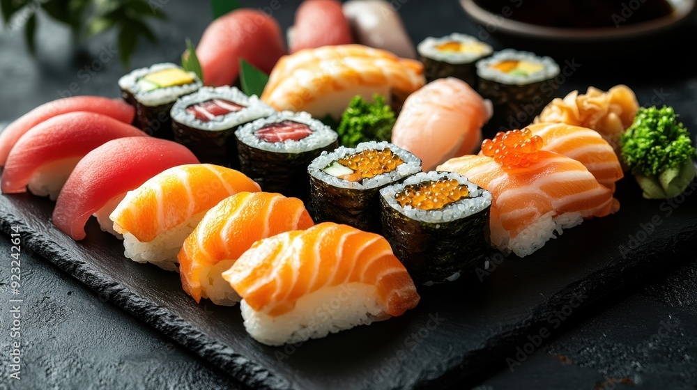 Exquisite Gourmet Sushi Platter with Diverse Rolls, Sashimi, and Artistic Garnishes on Black Slate Plate Exquisite Gourmet Sushi Platter with Diverse Rolls, Sashimi, and Artistic Garnishes on Black Slate Plate