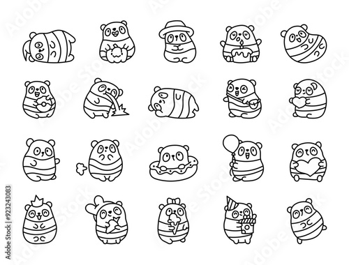 Cute kawaii panda. Coloring Page. Adorable animal character. Hand drawn style. Vector drawing. Collection of design elements.