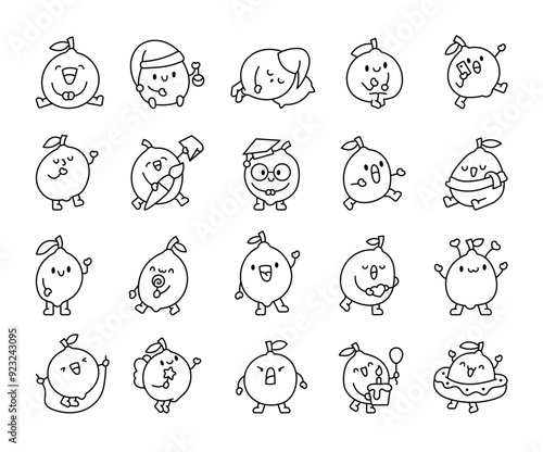 Funny lime with different emotions. Coloring Page. Cute cartoon fruit. Hand drawn style. Vector drawing. Collection of design elements.