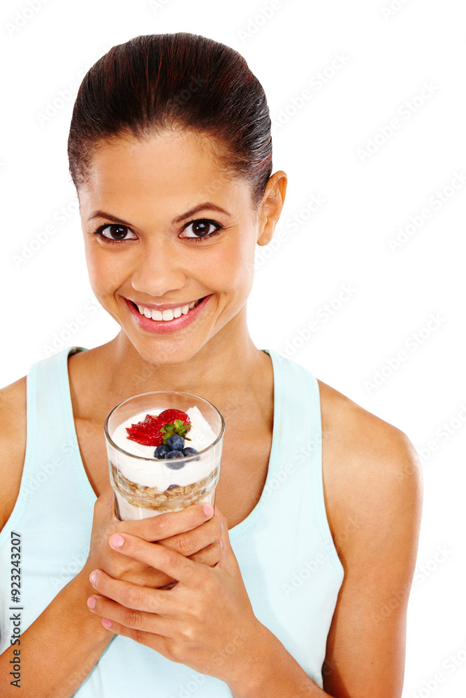 Studio, portrait and woman with cereal for nutrition, eating and healthy breakfast for digestion benefits with diet. Fitness, model and glass of natural food for wellness, fiber and white background Studio, portrait and woman with cereal for nutrition, eating and healthy breakfast for digestion benefits with diet. Fitness, model and glass of natural food for wellness, fiber and white background