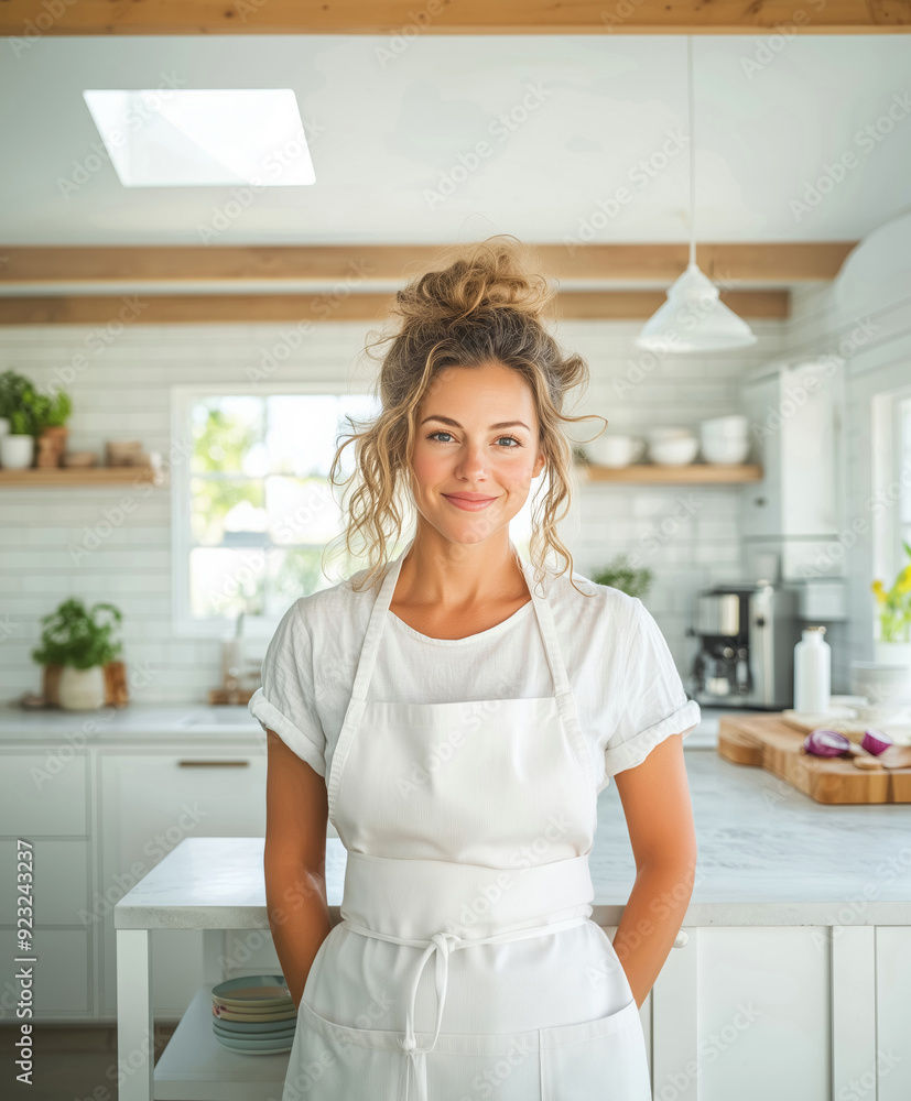 Young woman in modern farmhouse kitchen wearing a white apron