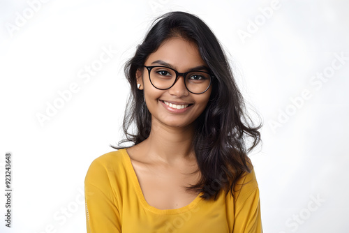 Happy smiling student Indian woman in glasses portrait isolated on white