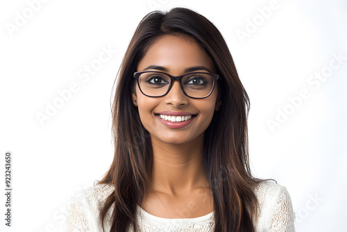 Happy smiling student Indian woman in glasses portrait isolated on white
