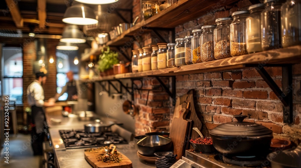 Rustic Charm. A cozy bistro kitchen with exposed brick walls Rustic Charm. A cozy bistro kitchen with exposed brick walls