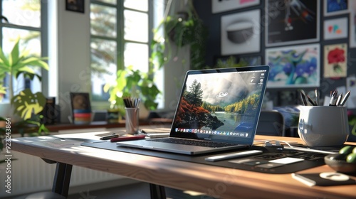 Digital Artist's Dream Inspiring Workspace with Design Software Drawing Tablet and Art Pieces
