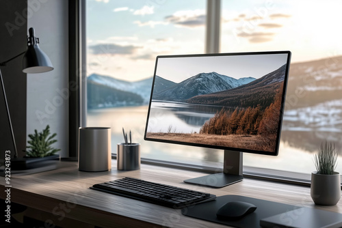 Desktop computer on a desk next to a window.