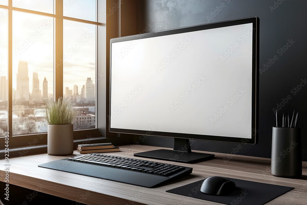 Fototapeta premium Desktop computer on a desk next to a window.
