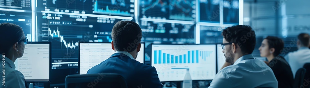 Team of analysts discussing currency trends in a high-tech office, collaborative planning, market insights Team of analysts discussing currency trends in a high-tech office, collaborative planning, market insights