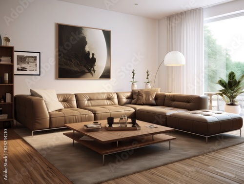 Modern living room with brown leather sectional sofa, a wooden coffee table, and a rug on wooden floors.