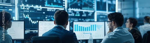 Team of analysts discussing currency trends in a high-tech office, collaborative planning, market insights