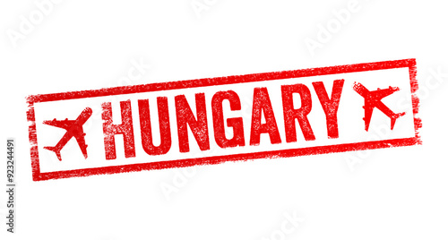 Hungary is a landlocked country in Central Europe, text emblem stamp with airplane