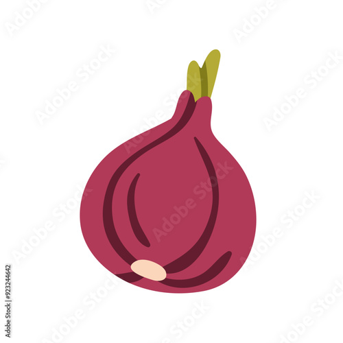 Fresh raw red onion icon. Whole pungent vegetable, purple sweet bulb. Healthy organic natural veggie food, condiment, seasoning. Flat vector illustration of farm food isolated on white background