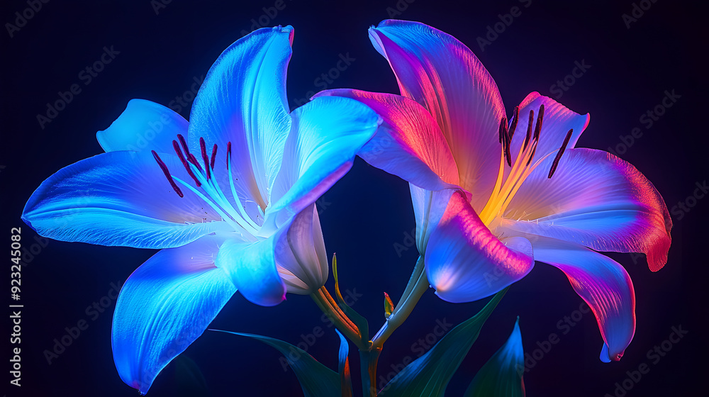 Composition of two white Lilium flowers illuminated by black light sources UV light Composition of two white Lilium flowers illuminated by black light sources UV light