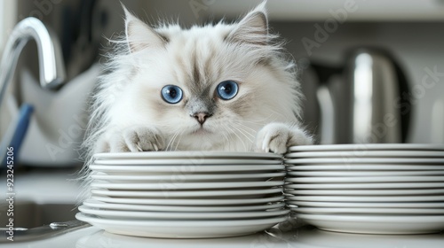 Fluffy White Persian Cat Doing Dishes in a Sleek Contemporary Kitchen Generative AI photo