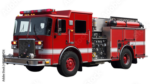 Red fire truck with emergency equipment png isolated on transparent background