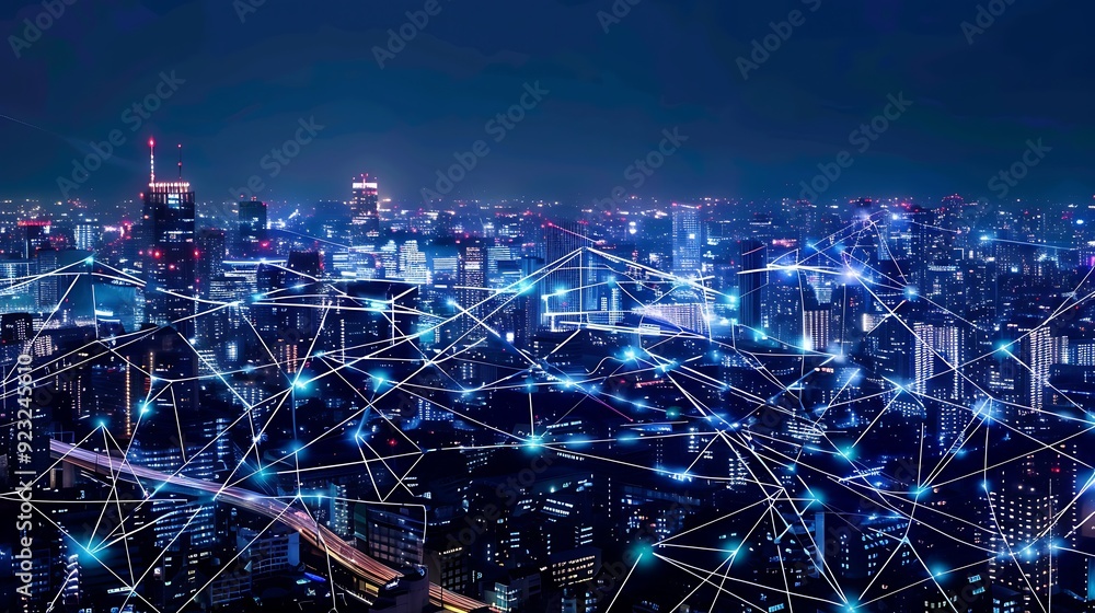 Night aerial view of a city with illuminated skyscrapers, connected by a network of glowing lines, representing data flow and interconnection. Night aerial view of a city with illuminated skyscrapers, connected by a network of glowing lines, representing data flow and interconnection.