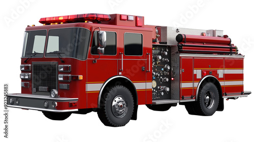 Red fire truck with emergency equipment png isolated on transparent background