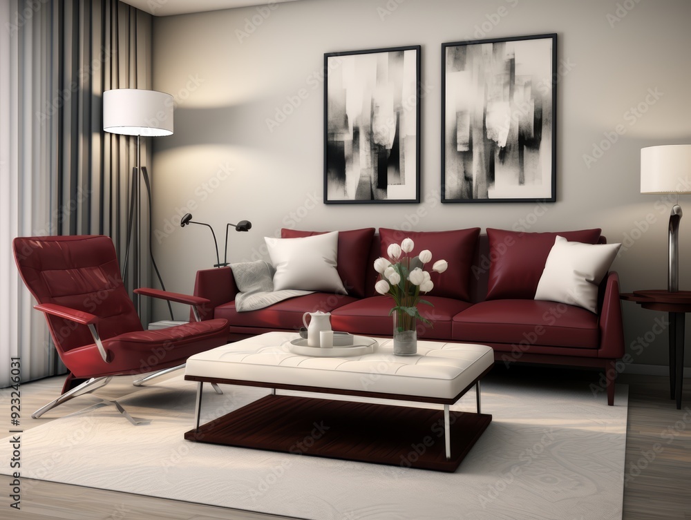 Modern living room with red leather sofa, white coffee table, and white tulips in a vase. Modern living room with red leather sofa, white coffee table, and white tulips in a vase.