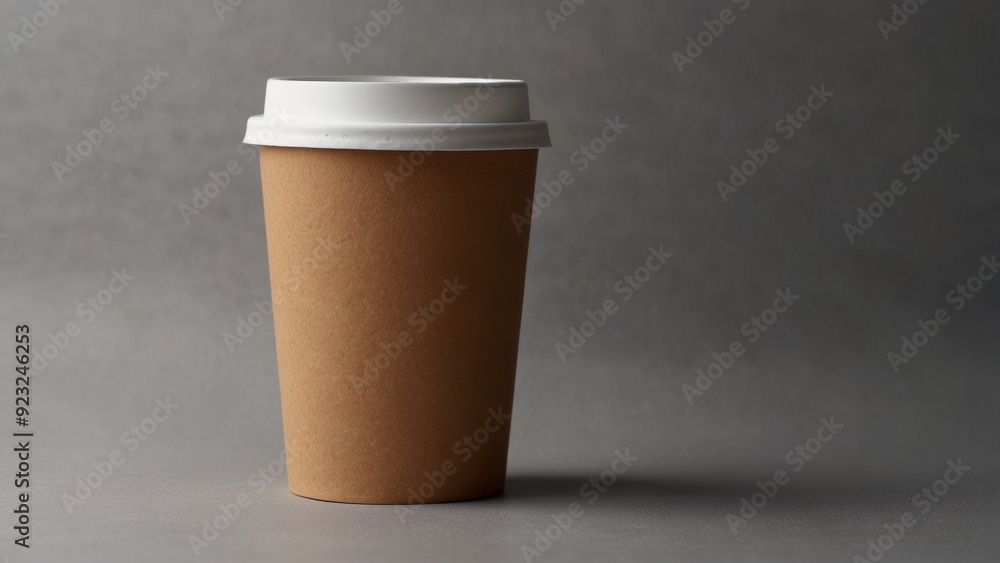 Coffee cup made of beige cardboard with a white lid on a light gray background Coffee cup made of beige cardboard with a white lid on a light gray background