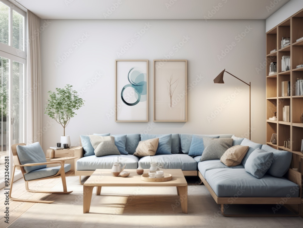Modern living room with sectional sofa, wooden coffee table, and a bookshelf. Modern living room with sectional sofa, wooden coffee table, and a bookshelf.