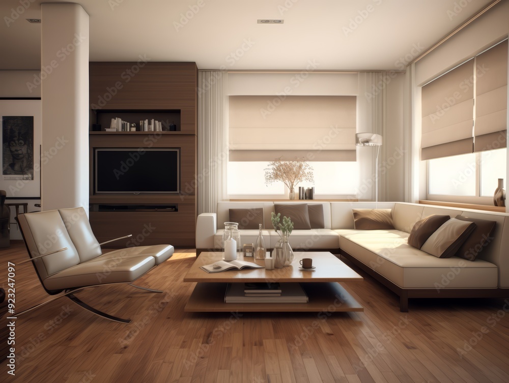 Modern living room with white sofa, brown wood floor, and large windows. Modern living room with white sofa, brown wood floor, and large windows.