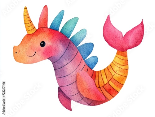 Adorable and cheerful sea dragon character with colorful fins and tail in a watercolor style  Isolated on white background perfect for children s nursery decor digital art and graphic design photo