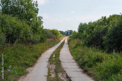 Country road paved with concrete slabs, across the forest, Russia