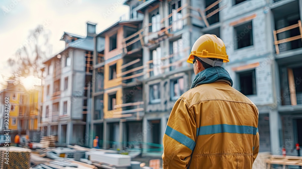 A construction worker wearing a yellow jacket A construction worker wearing a yellow jacket
