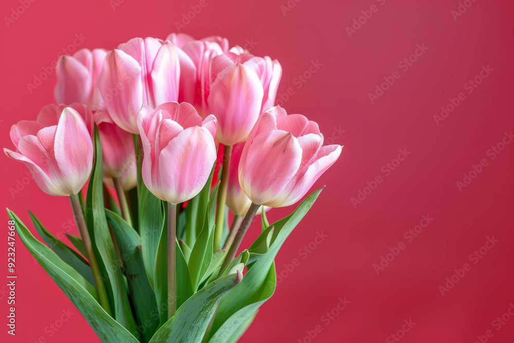 Fototapeta premium Bouquet of pink tulips on pink background