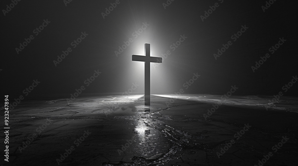 Lone cross standing on a wet surface with a bright light shining down on it from above Lone cross standing on a wet surface with a bright light shining down on it from above
