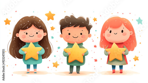 Three cheerful children hold star awards, showcasing joy and creativity in a playful, colorful illustration.
