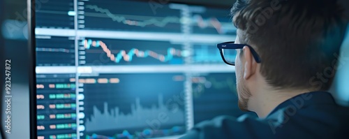Forex trader monitoring currency pair trends on a large screen, market strategy, financial analysis