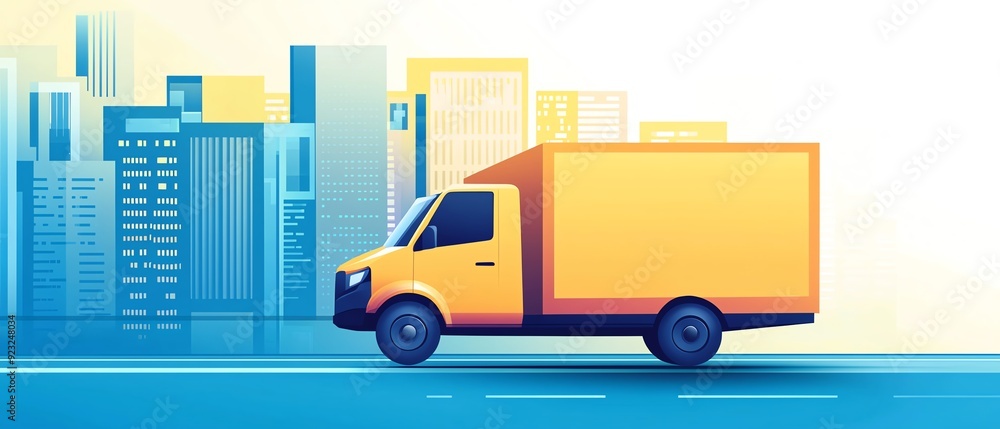Naklejka premium Colorful delivery truck moving through a modern urban landscape, symbolizing transportation and logistics in a vibrant city.