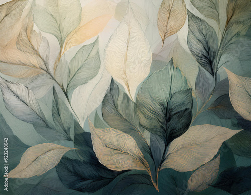Abstract Background with Leaf Textures Layered Transparency Creating Depth