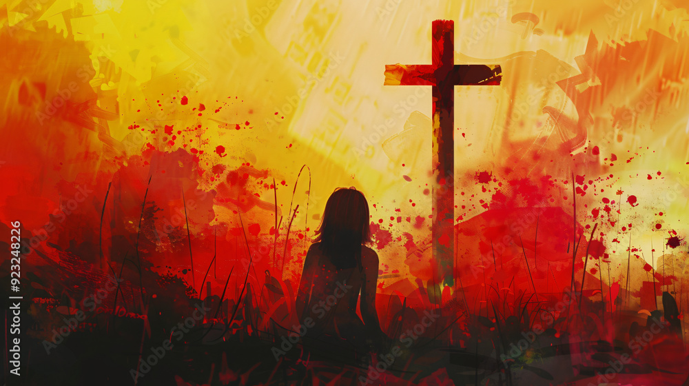 Silhouette of woman praying at foot of cross in fiery battlefield ...