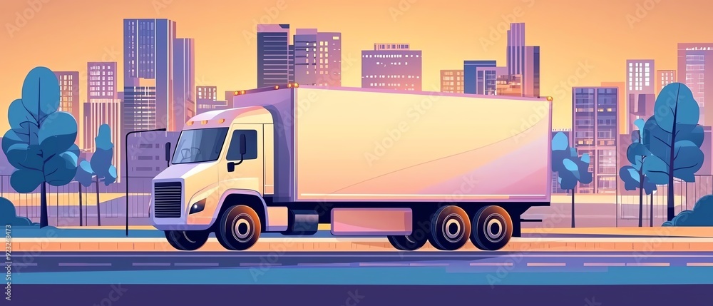 A modern delivery truck drives through a vibrant cityscape at sunset, showcasing urban transport and logistics. A modern delivery truck drives through a vibrant cityscape at sunset, showcasing urban transport and logistics.
