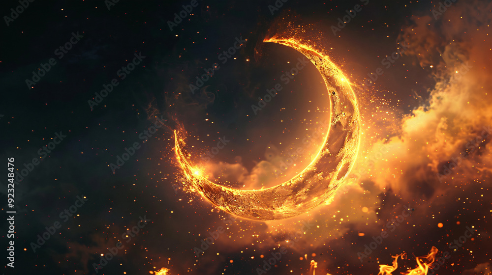 Dramatic night sky filled with stars as a fiery crescent moon rises Dramatic night sky filled with stars as a fiery crescent moon rises