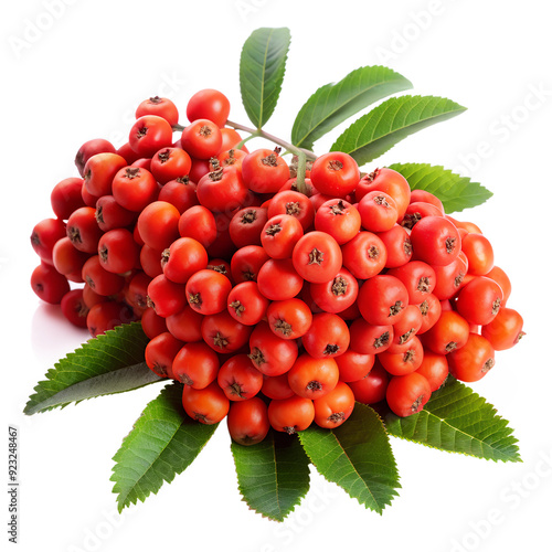 Cluster of red rowanberry with green leaves isolated on white background. Ai generated 