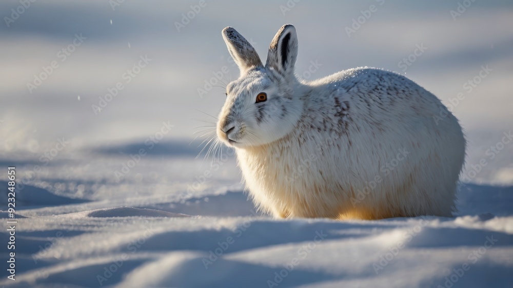 Arctic hare in white snow, soaking up sunlight Arctic hare in white snow, soaking up sunlight