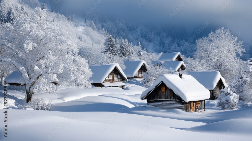 A picturesque winter scene depicting several wooden cabins nestled within a snow-covered landscape, framed by frost-laden trees under a soft, cloudy sky. A picturesque winter scene depicting several wooden cabins nestled within a snow-covered landscape, framed by frost-laden trees under a soft, cloudy sky.
