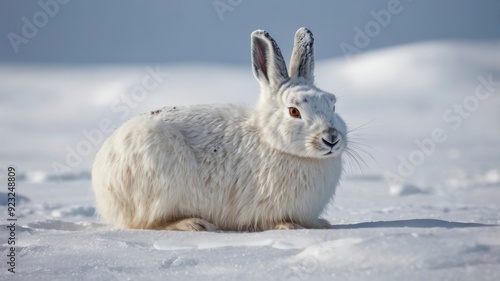 Arctic hare relaxing in bright snow-covered terrain 