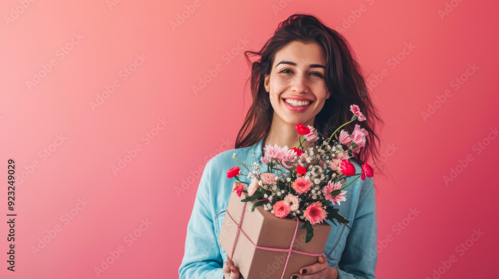 Portrait of a beautiful woman with flowers in her hands on a pink background. A smiling woman with a bouquet looks at the camera. Gifts and beauty concept. Portrait of a beautiful woman with flowers in her hands on a pink background. A smiling woman with a bouquet looks at the camera. Gifts and beauty concept.